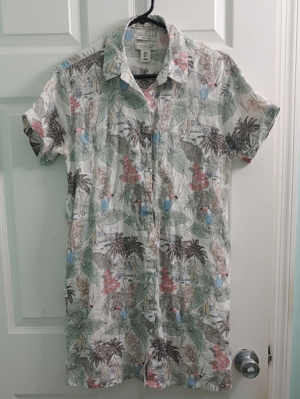 Rachel Zoe 100% Linen Dress Womens S Floral Beach Boho Button Front T Shirt Mini